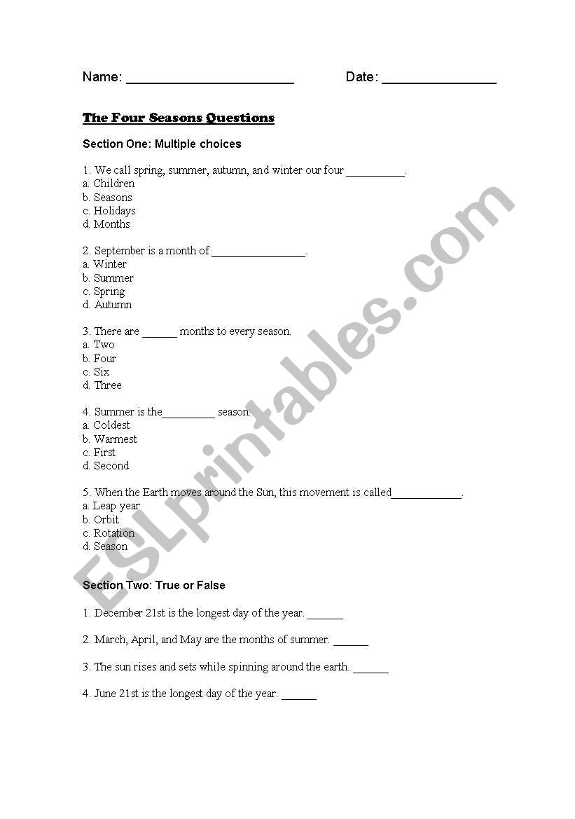 Four Seasons worksheet