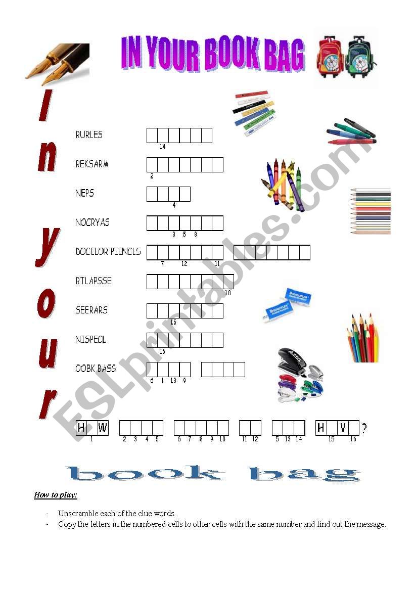 In your book bag worksheet