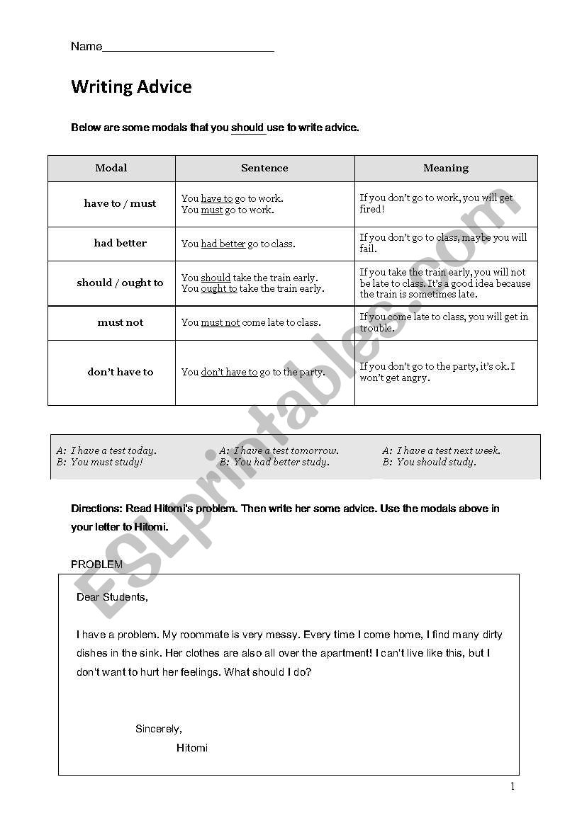 Writing Advice worksheet