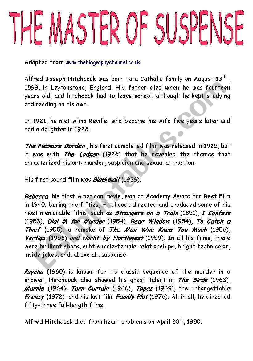 Alfred Hitchcock: a biograhy worksheet