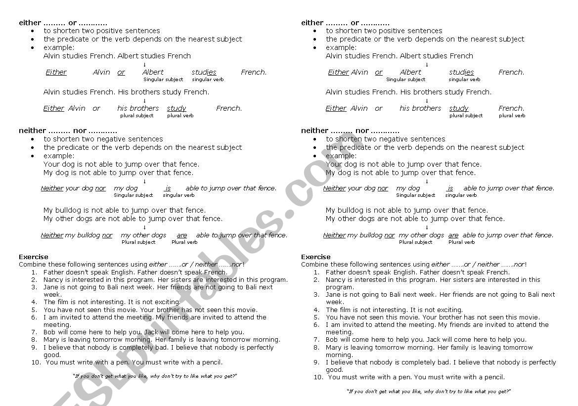 neither and either worksheet