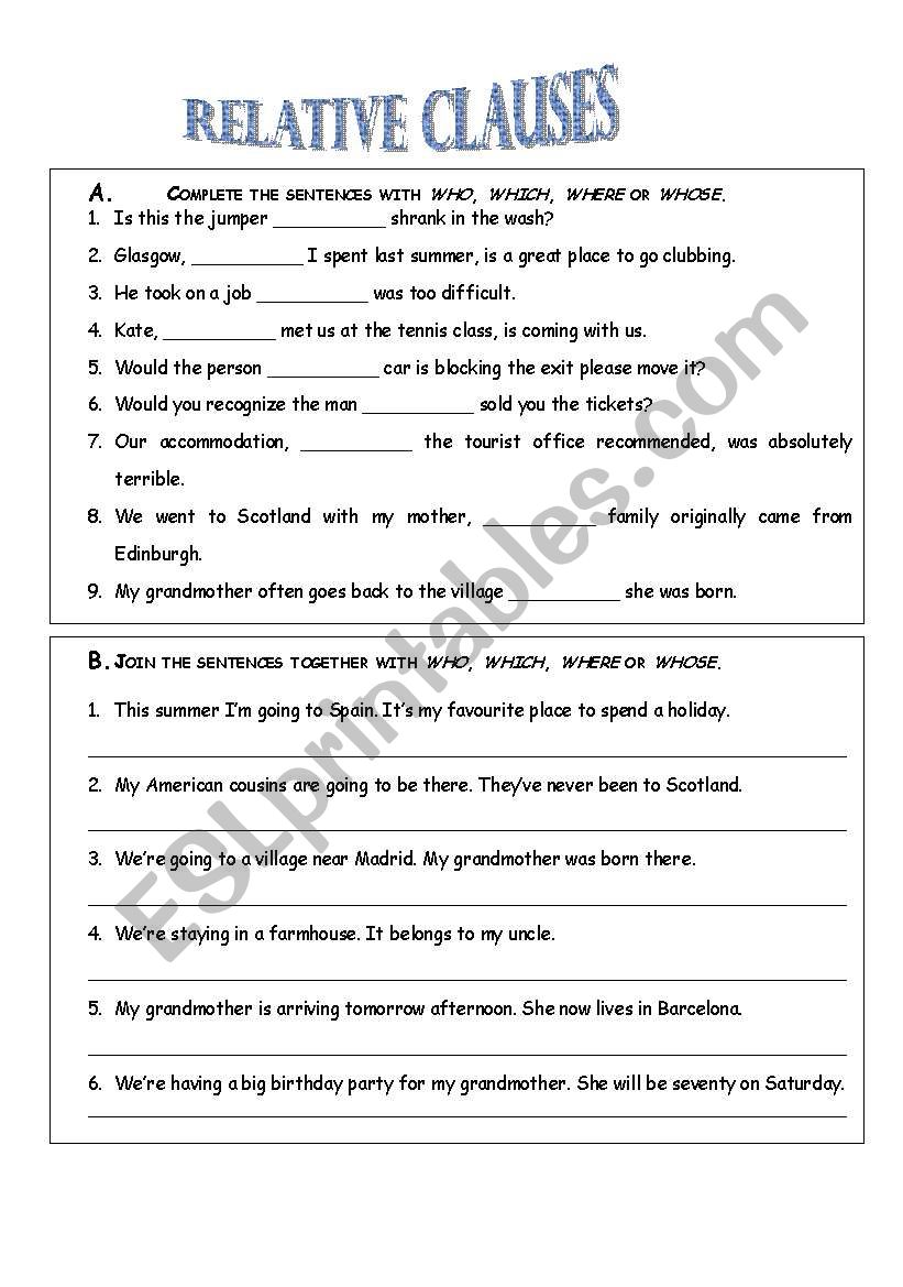 relative clauses worksheet