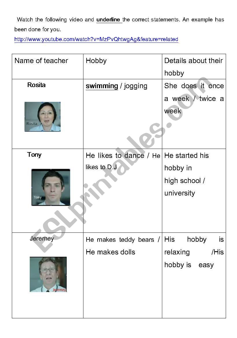 hobbies worksheet