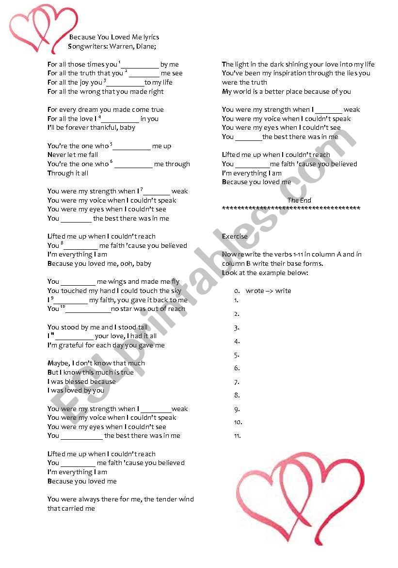 Because You loved Me worksheet