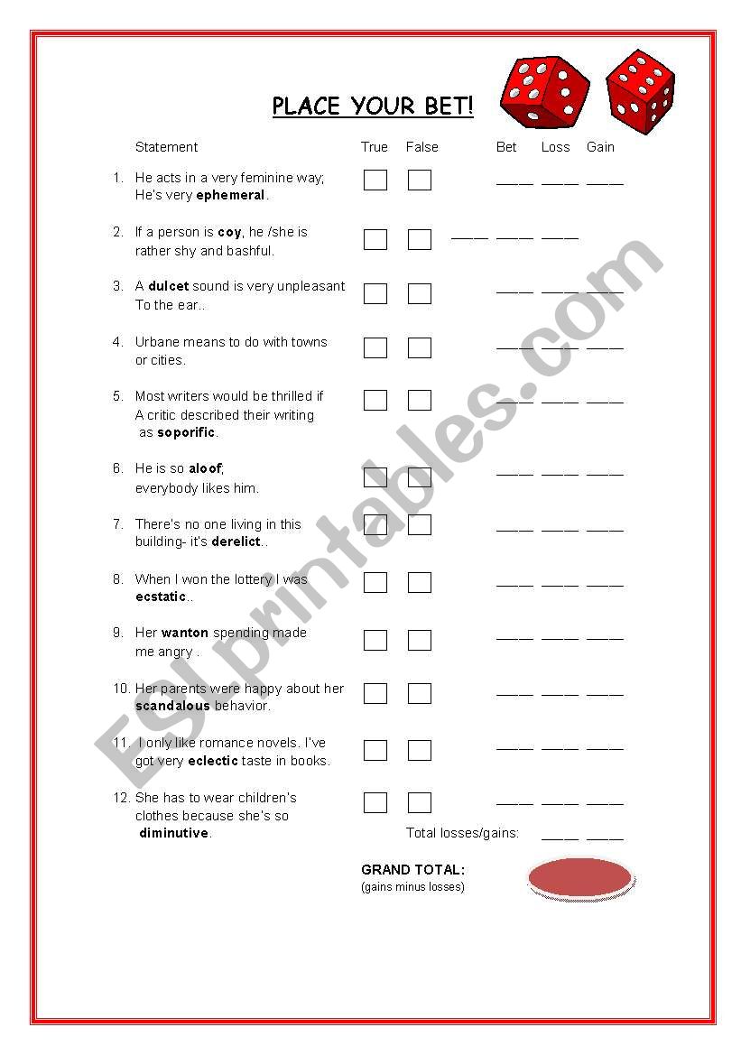 Place Your Bet worksheet