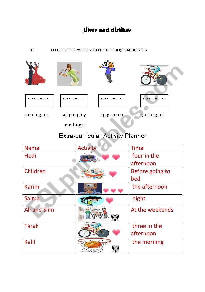 Likes and dislikes worksheet