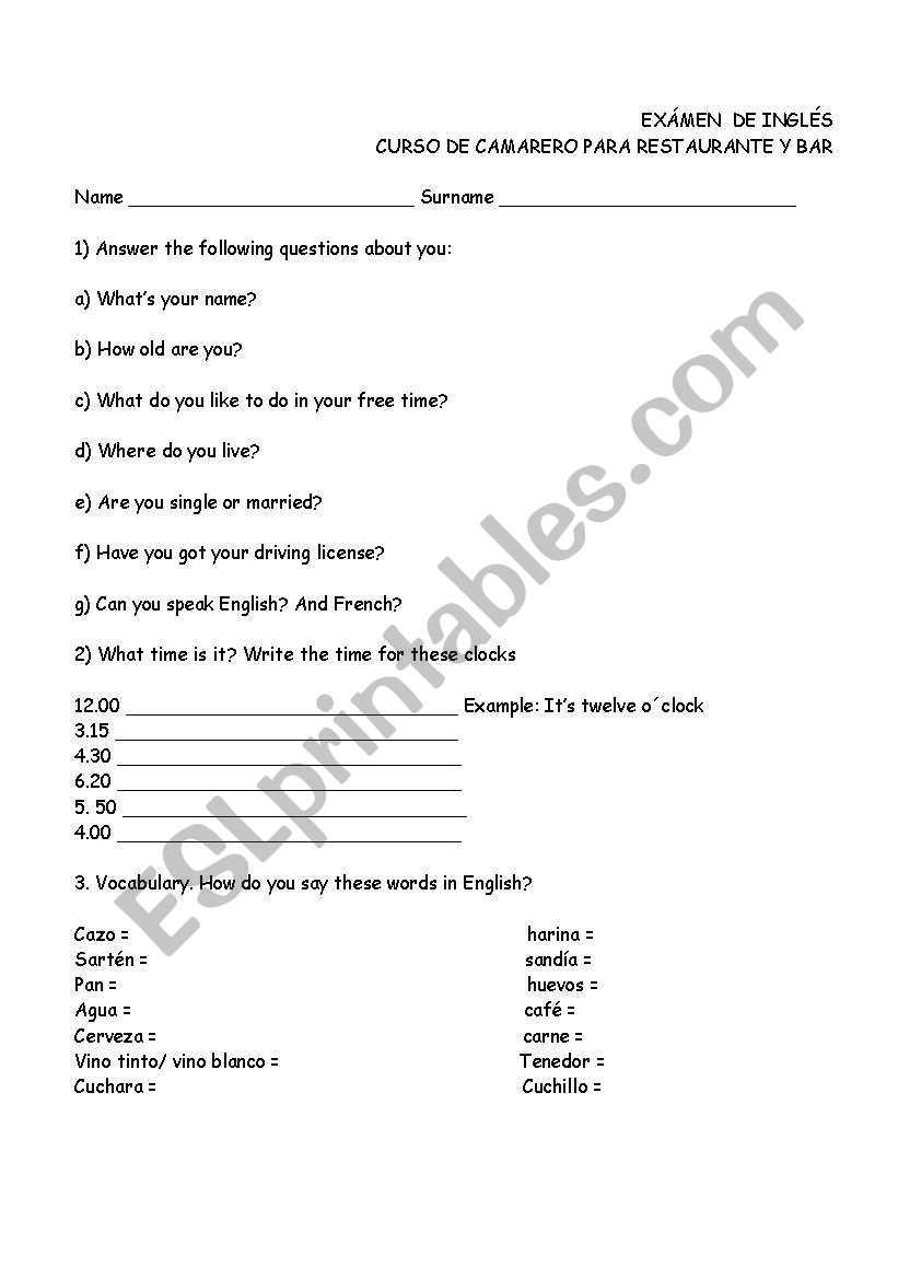 english exam worksheet