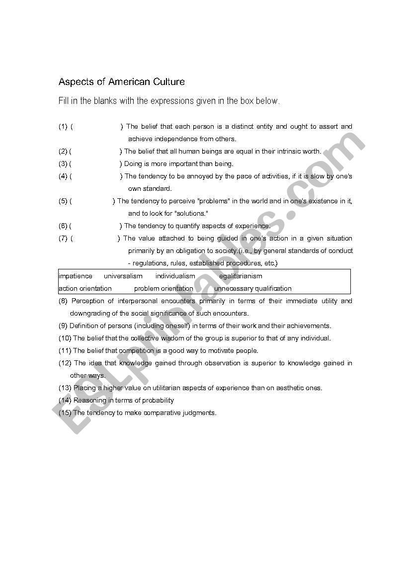 aspects of American culture worksheet