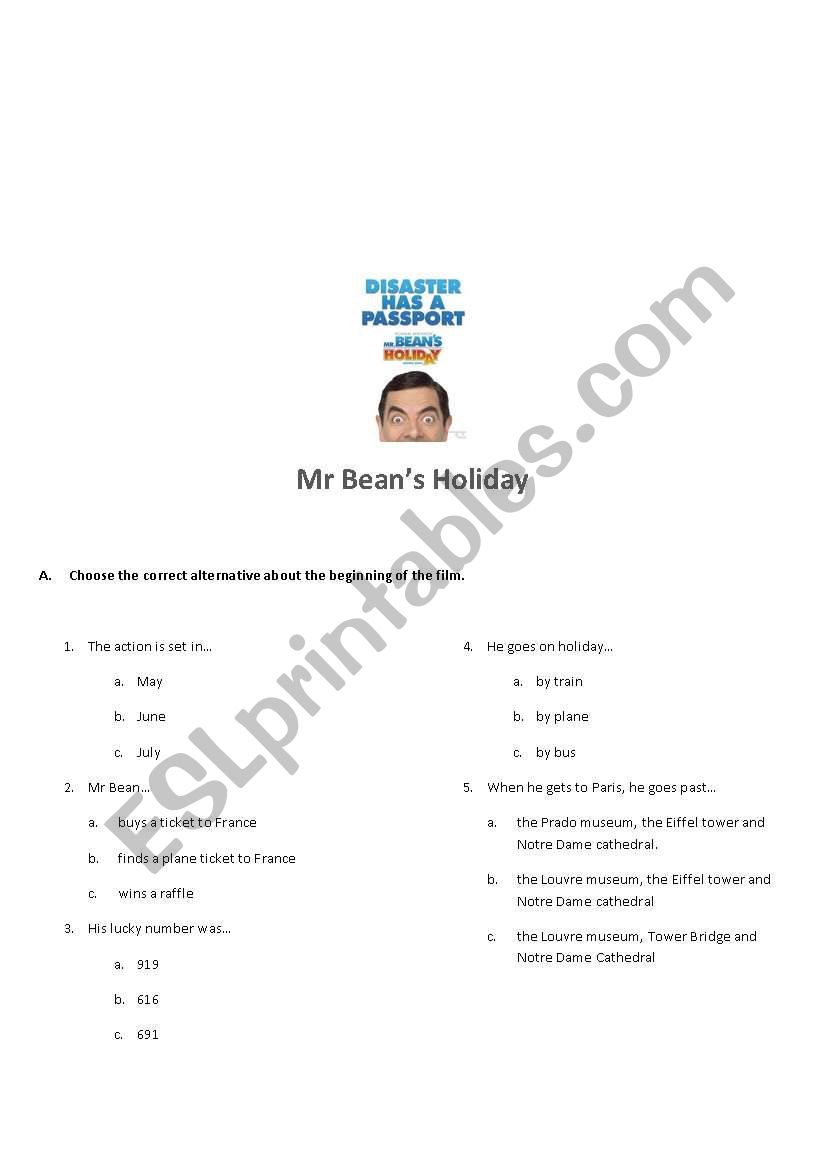 Mr Beans holiday worksheet