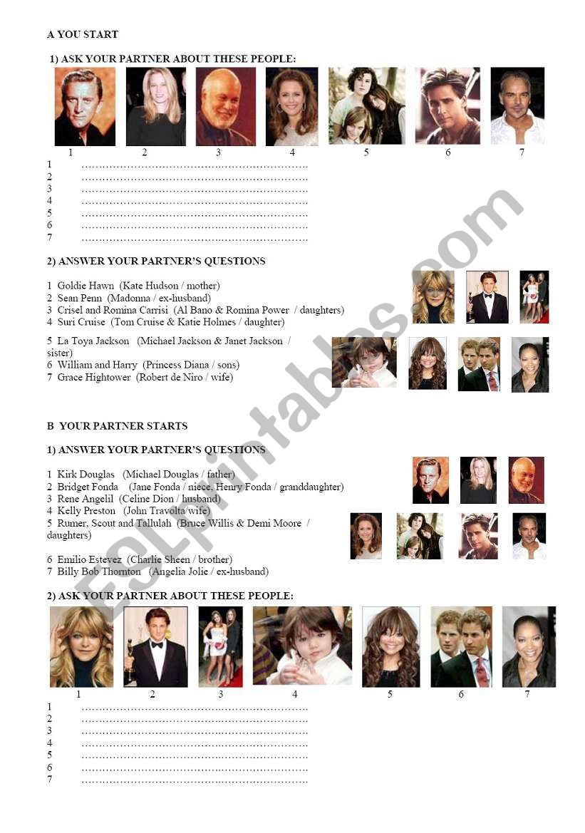 Celebrity relations (s) worksheet