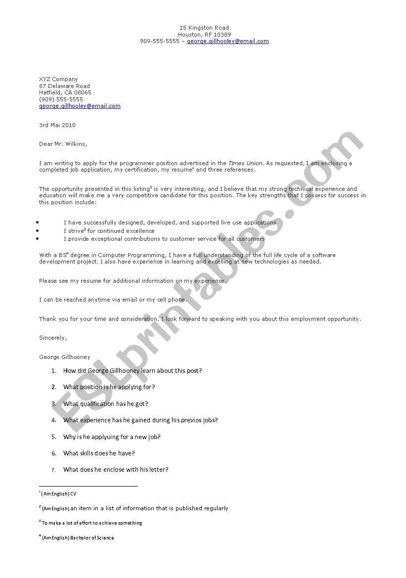 application letter worksheet