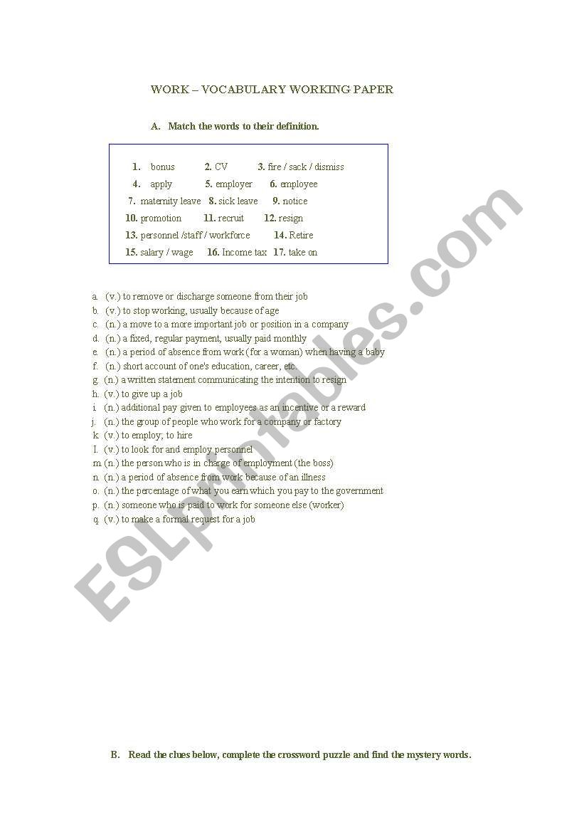 WORK - vocabulary worksheet - matching exercise