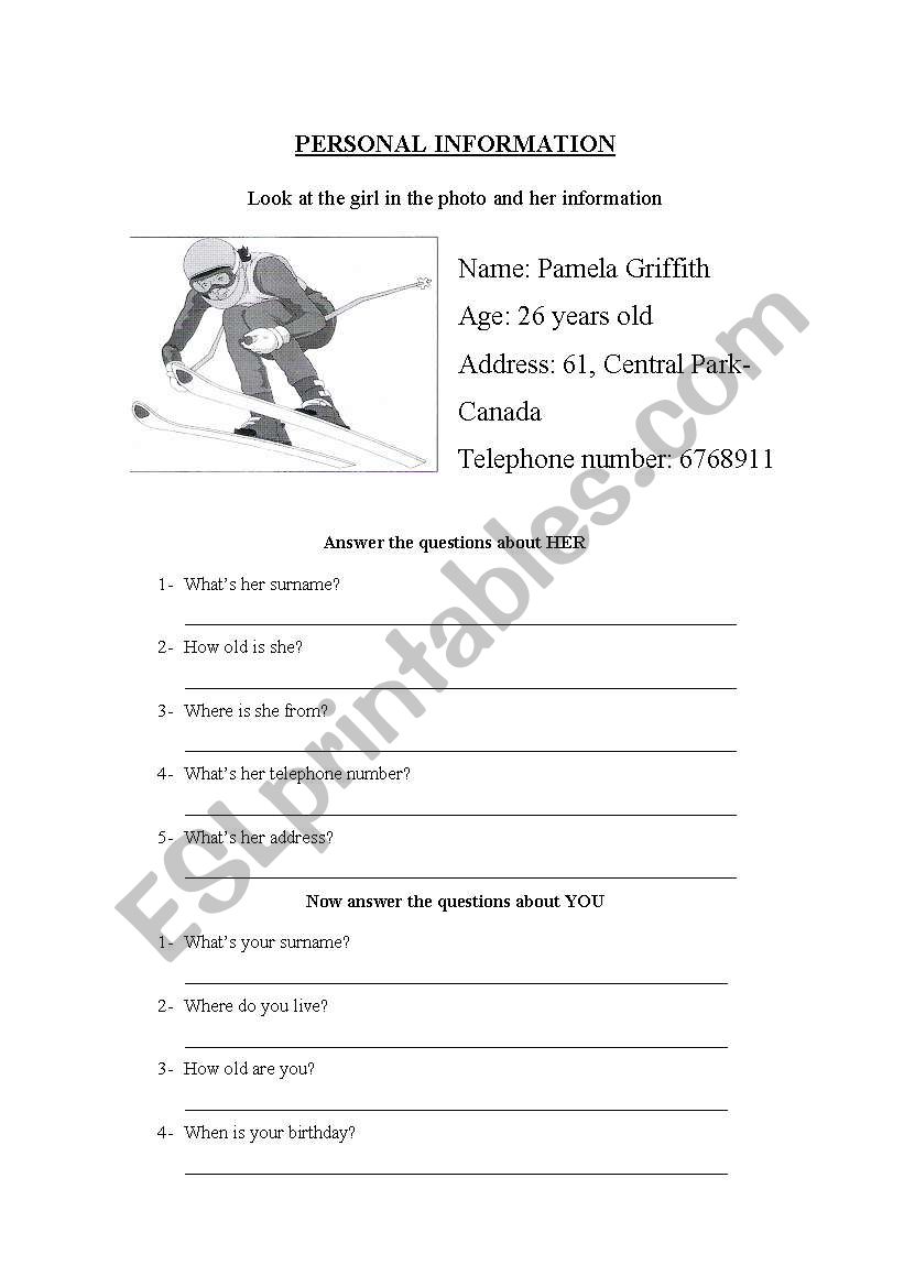 Personal Information worksheet