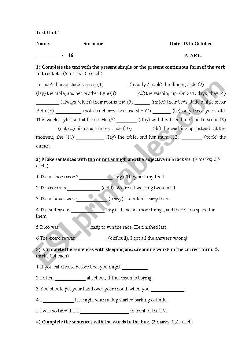 test to revise present simple & continous,past simple & continous & used to