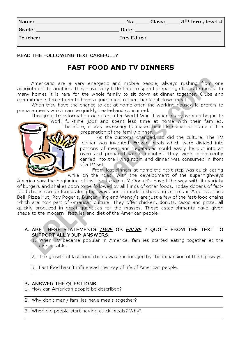 test on fast food worksheet