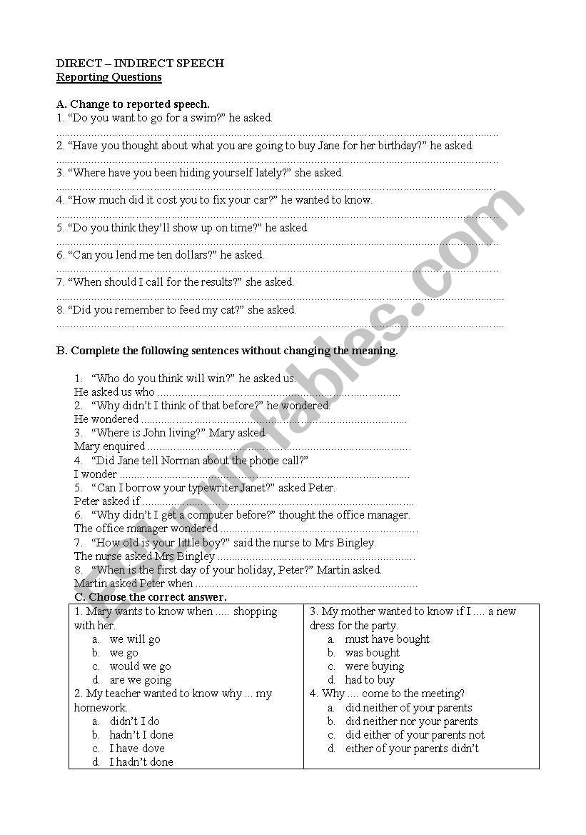 Reported Speech - Questions worksheet