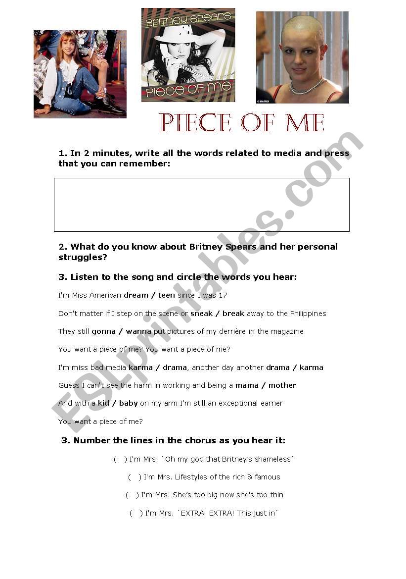 PIECE OF ME - britney spears worksheet