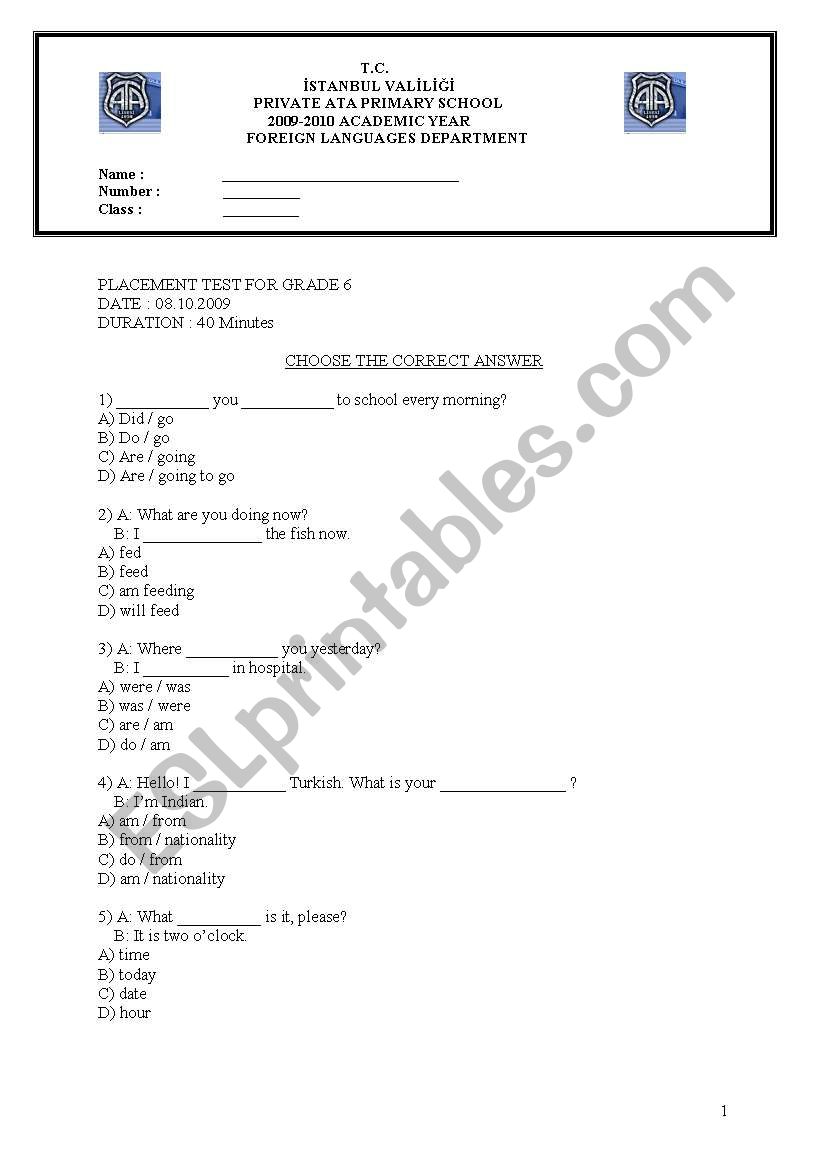 placement test for grade 5 or 6