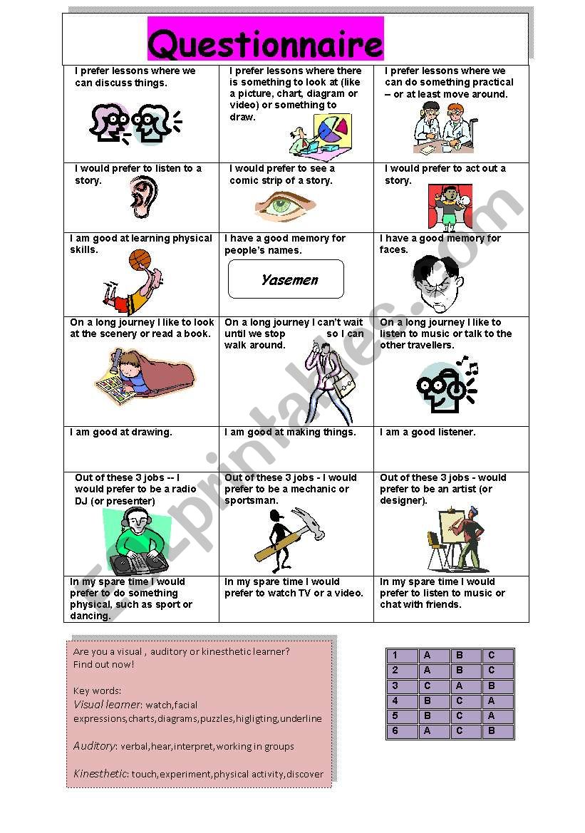 A Questionnaire About Learning Styles Such As Visual Auditory Esl Worksheet By Dorelame