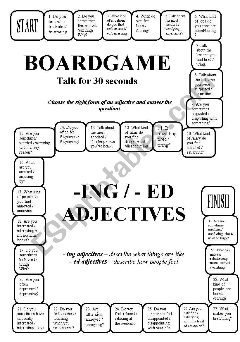 Boardgame: - ing / -ed adjectives (editable, key)