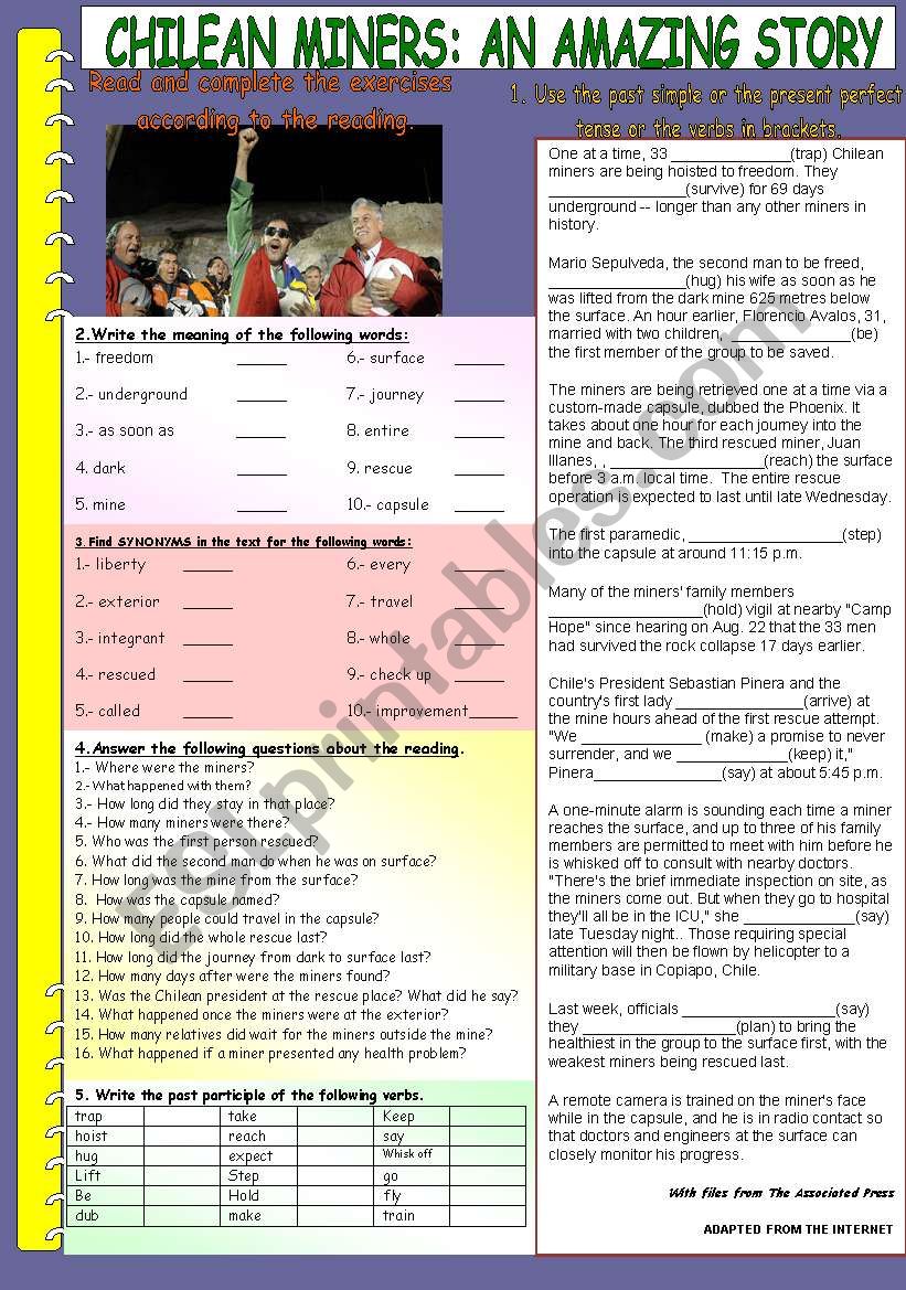 CHILEAN MINERS(SIMPLE PAST - PRESENT PERFECT)***FULLY EDITABLE*** W&B VERSION- WITH ANSWER KEY