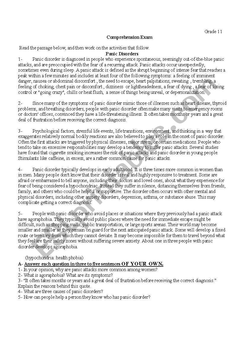 Panic Disorders worksheet