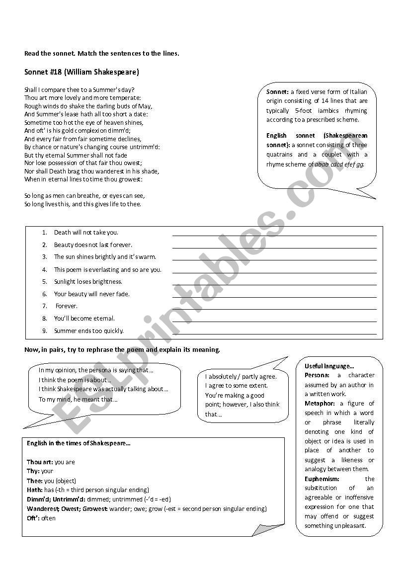 Sonnet XVIII (Shakespeare) worksheet