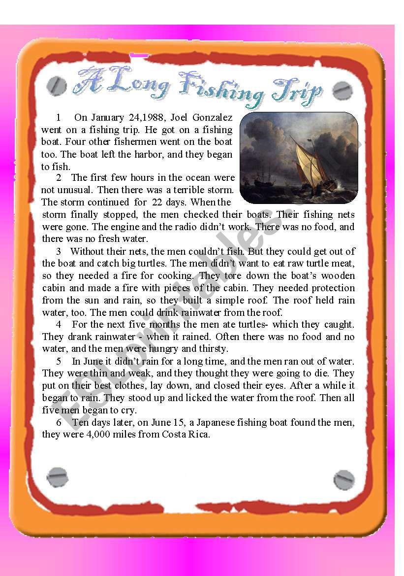 Reading - A Long Fishing Trip worksheet