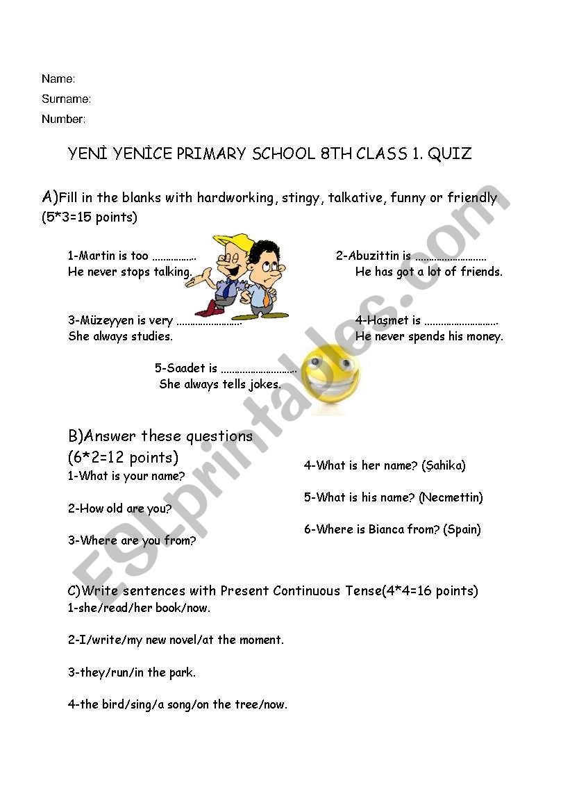 quiz for 8th class worksheet
