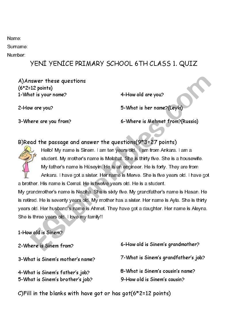 quiz for 6th class worksheet