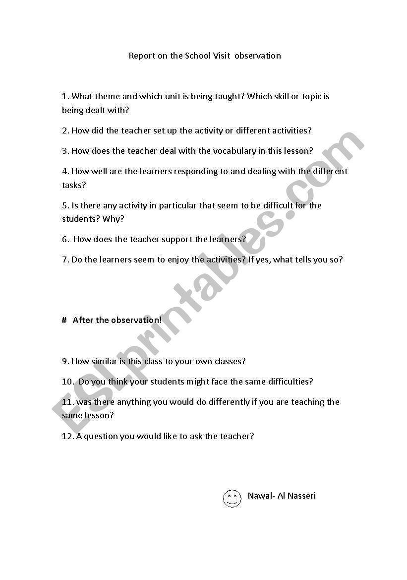 school visit observation worksheet