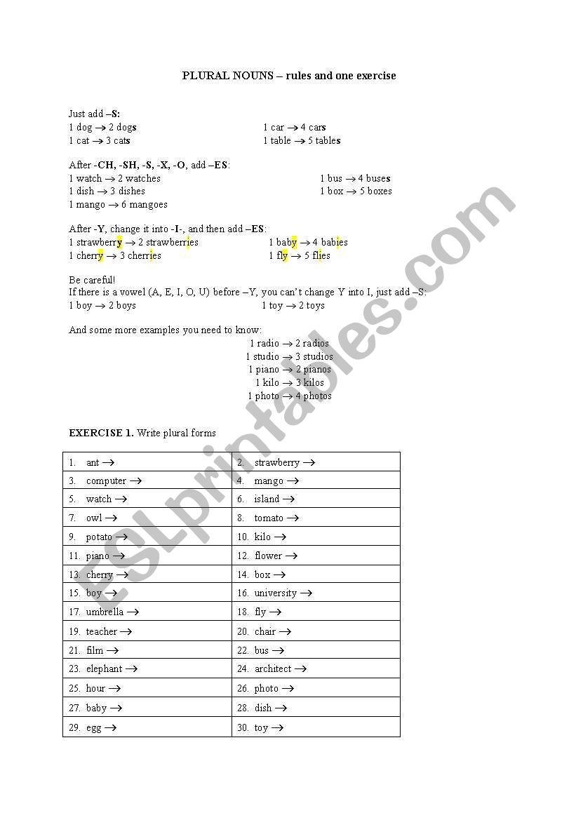 PLURAL REGULAR NOUNS - SIMPLE RULES AND ONE EXERCISE