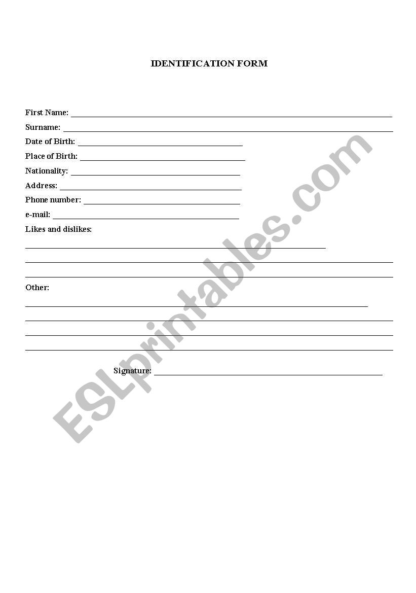Identification Form worksheet