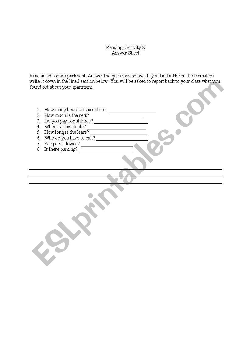 Apartment Hunting worksheet