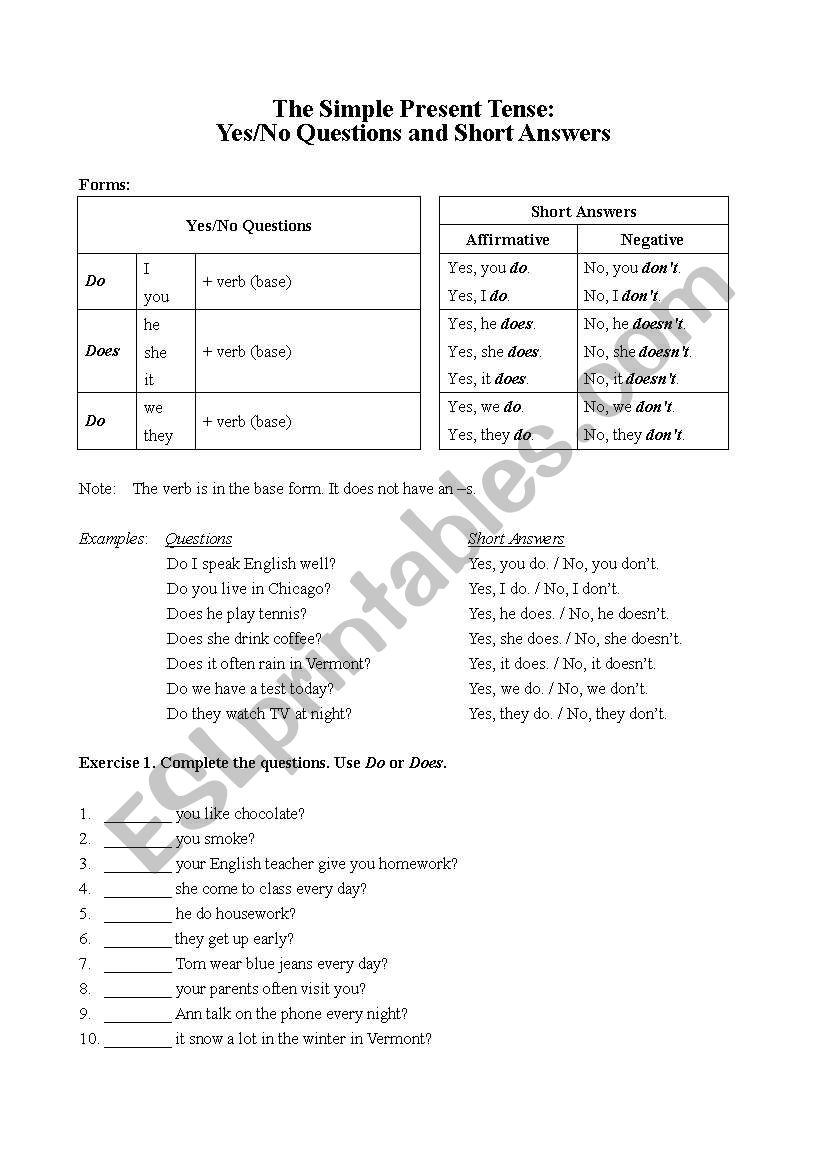 Worksheet for Yes/No Questions and Short Answers