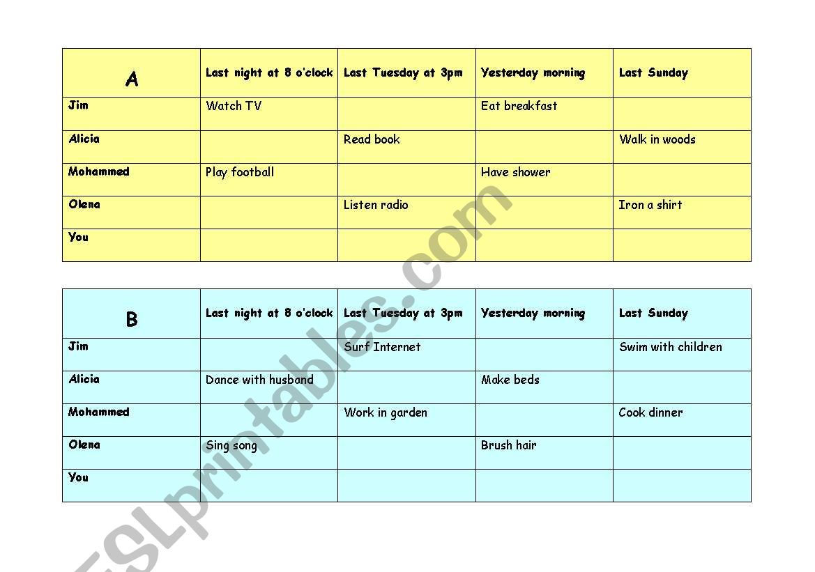 Past continuous conversation sheet