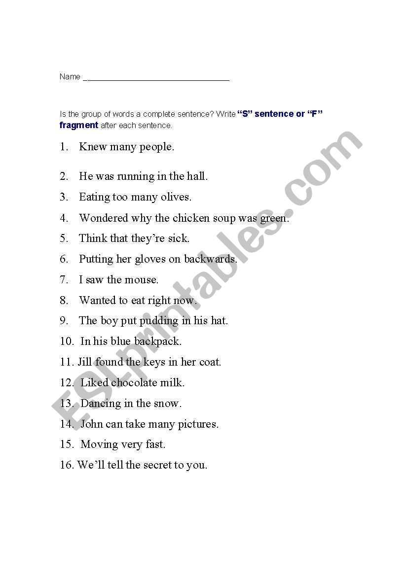 sentence or fragment? - ESL worksheet by jodyj Regarding Sentence Or Fragment Worksheet