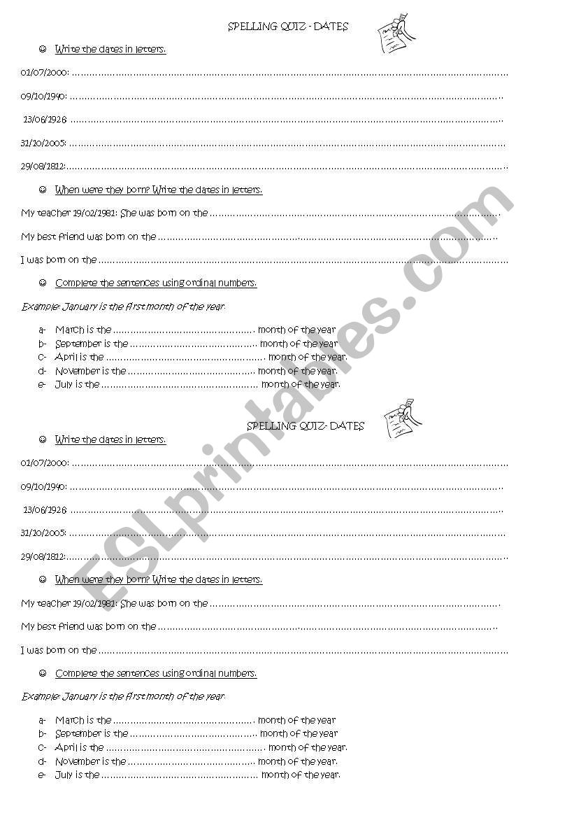 Spelling quiz on Dates worksheet