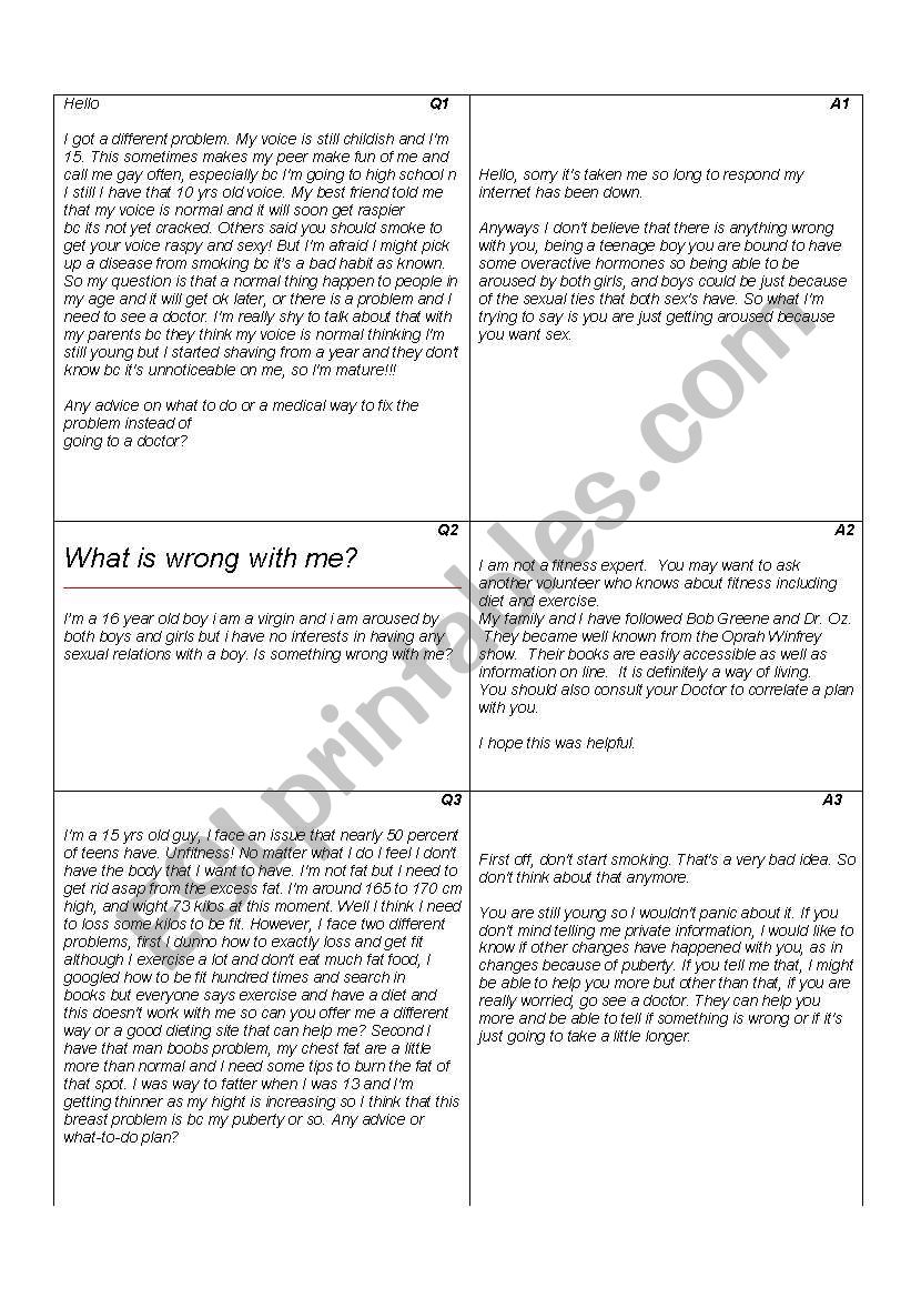 Teen problems worksheet