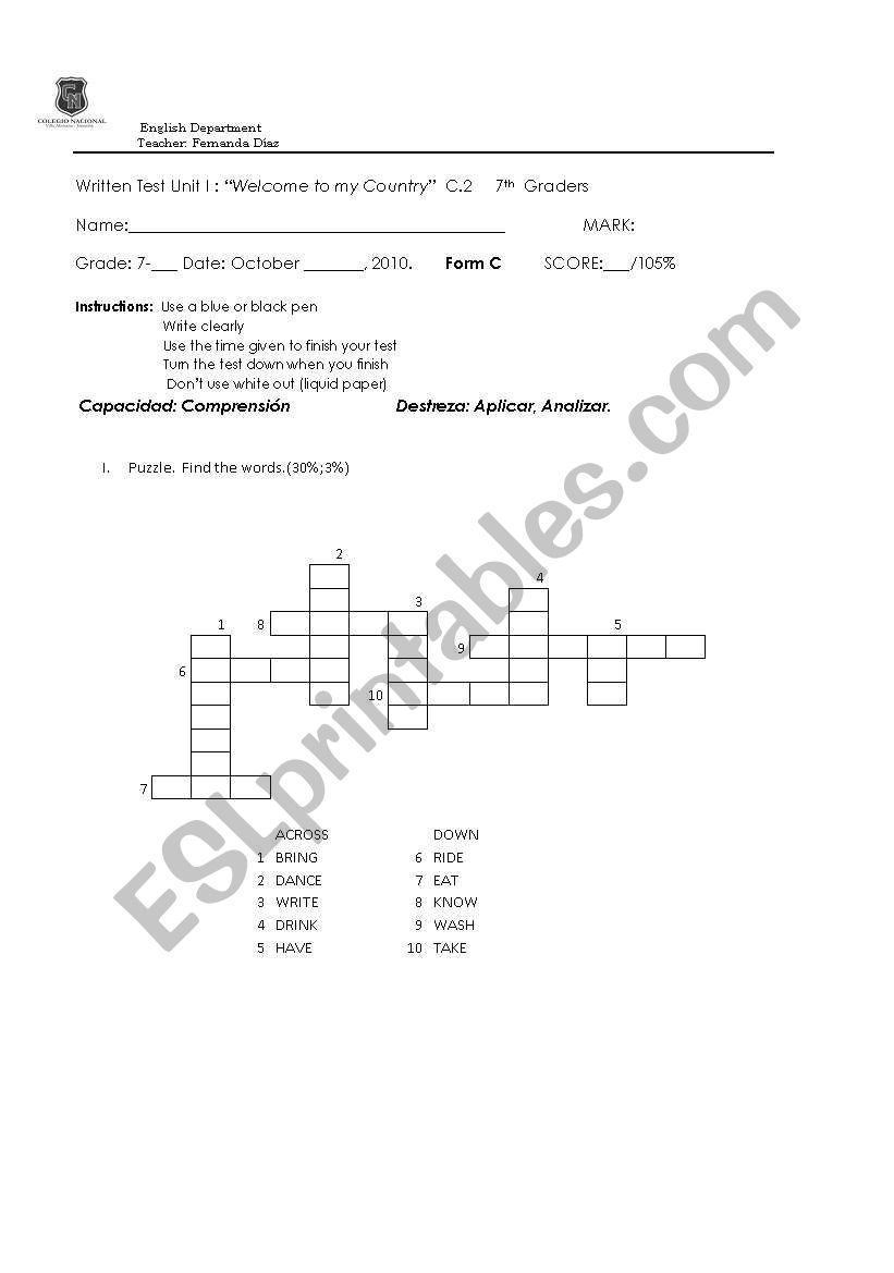 test: PAST SIMPLE worksheet