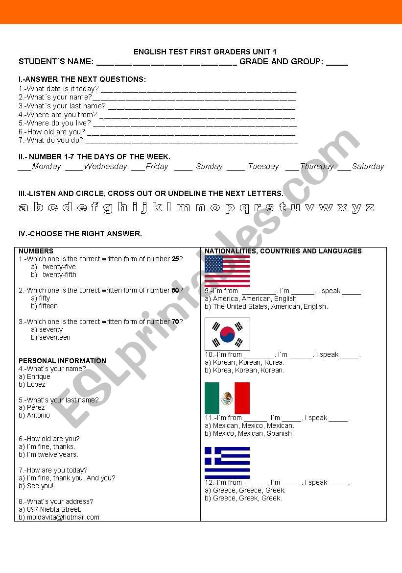 PERSONAL INFORMATION, NATIONALITIES, SEASONS, DAYS OF THE WEEK, NUMBERS, ALPHABETH