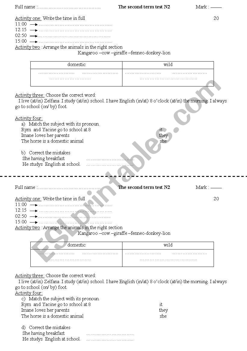 test worksheet