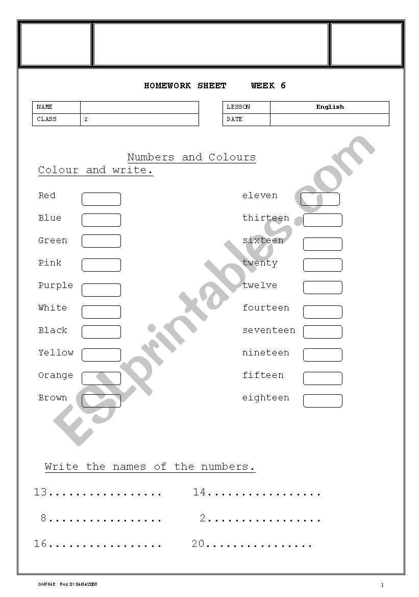 numbers and colours worksheet