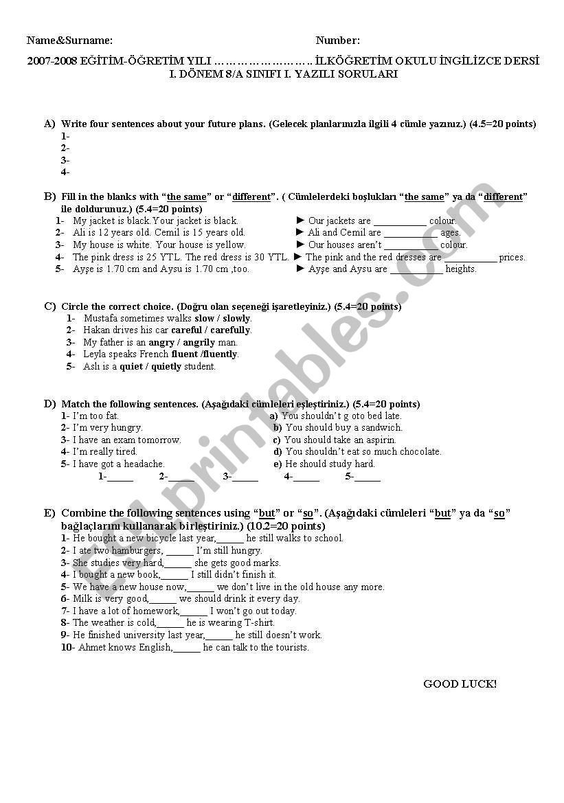 8th grade exam worksheet