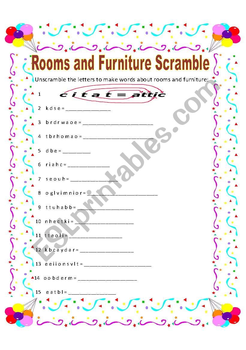 Rooms and furniture scramble worksheet