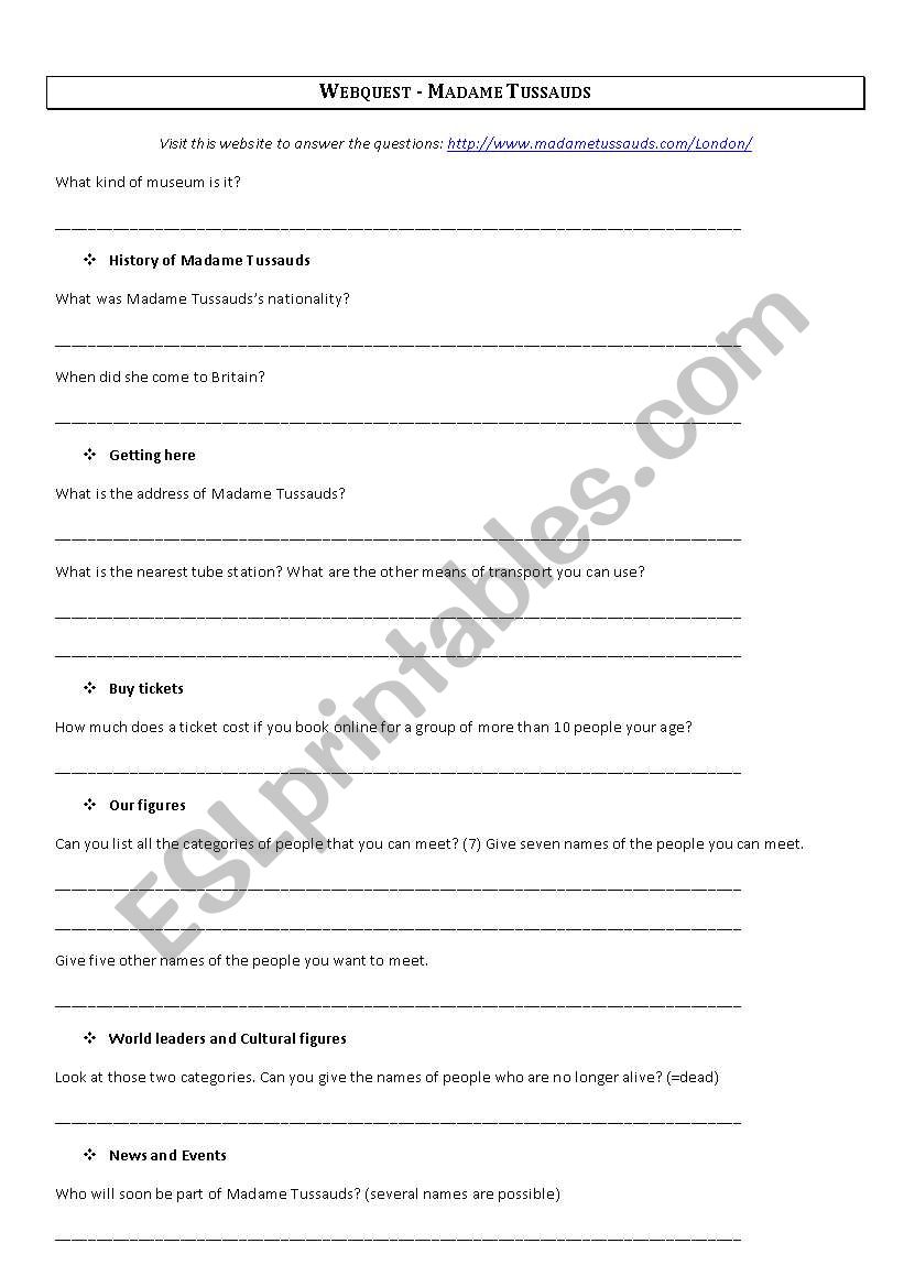 Madame Tussauds - Webquest worksheet