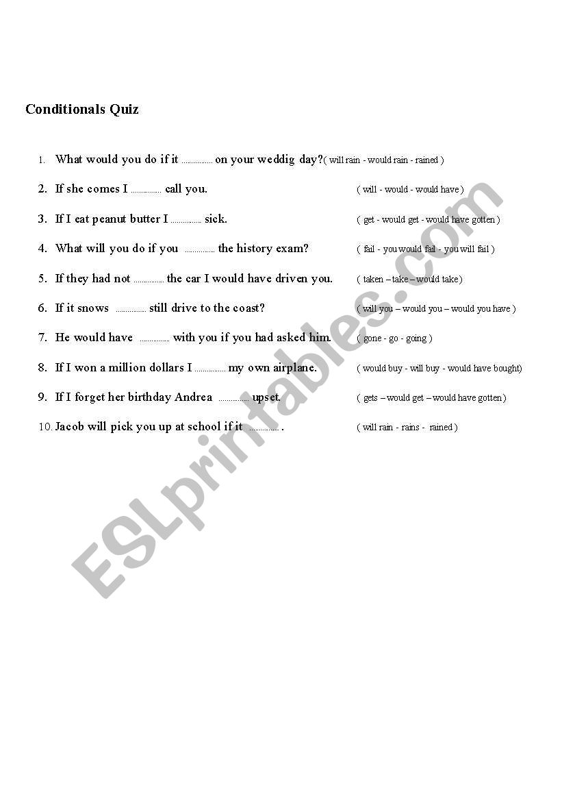 Conditionals Quiz worksheet