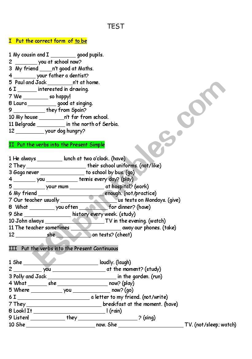 Test on to be, Present Simple and Continuous, object pronouns, time and numbers
