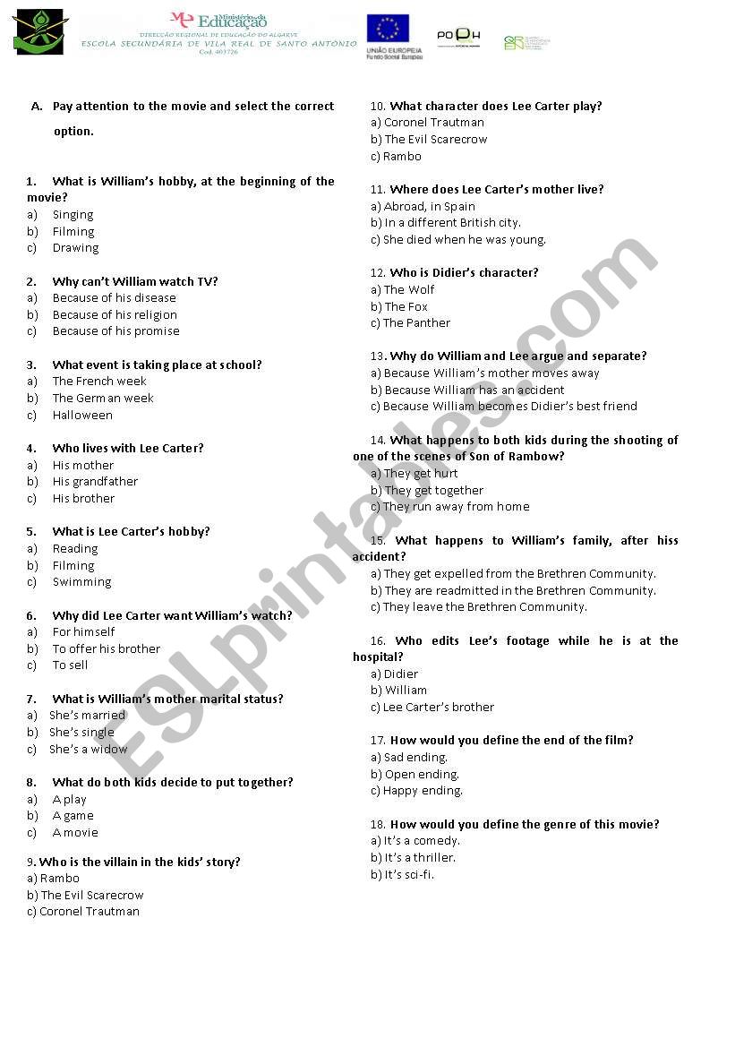 Son of Rambow worksheet