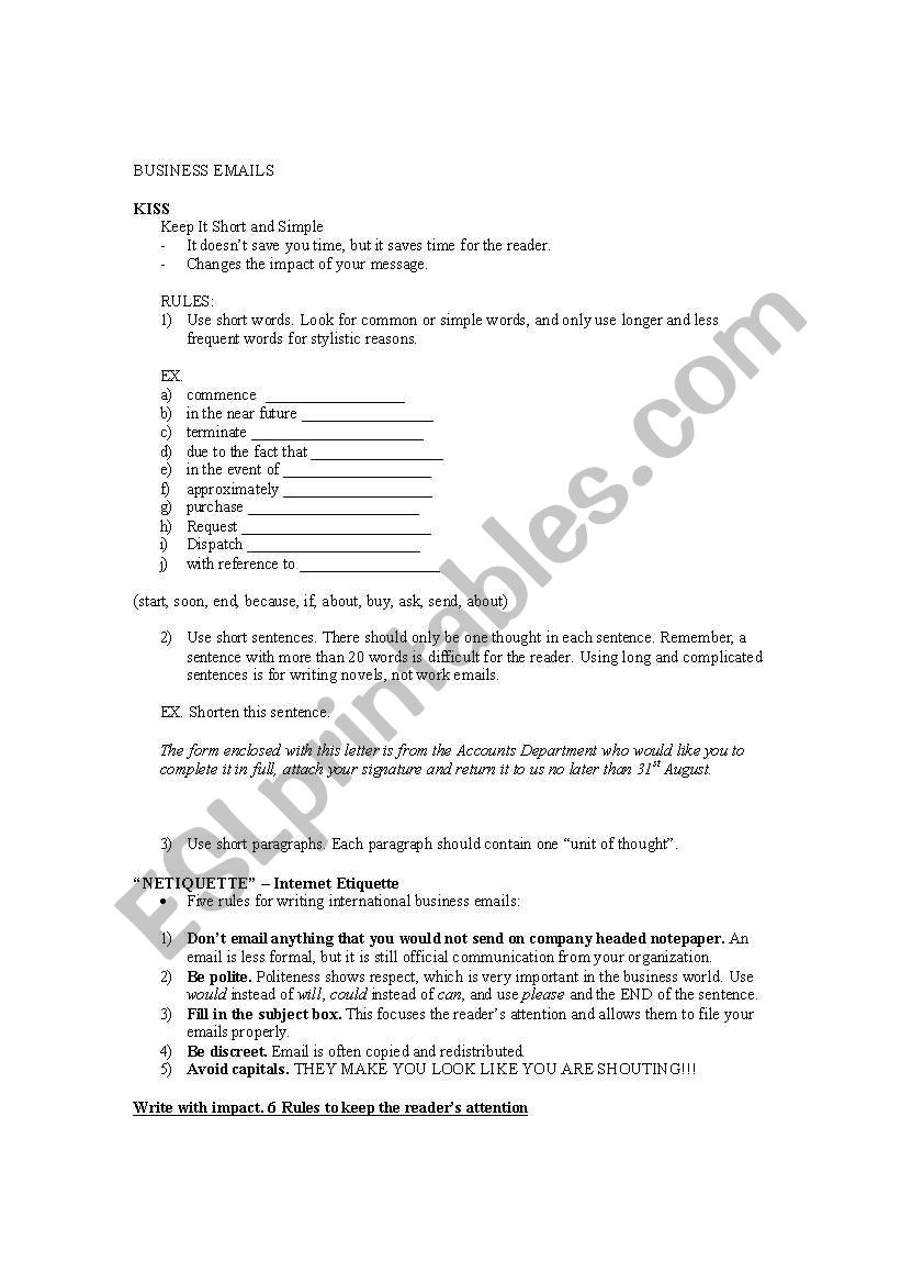 Writing Business Emails worksheet